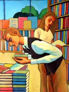 man and woman browsing in bookstore